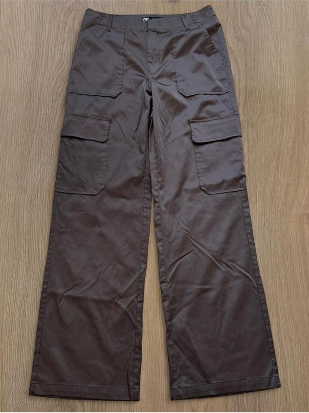 Zara Brown Satin Cargo Wide Leg Pants
